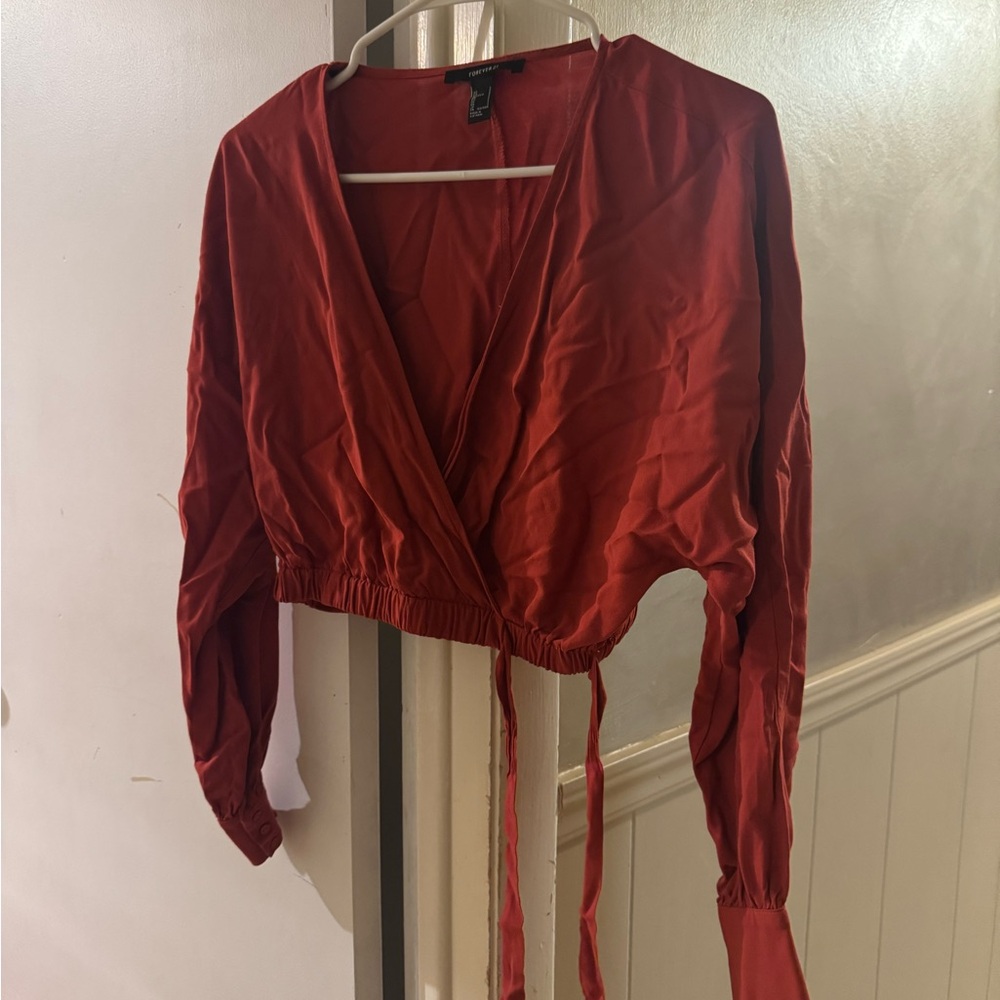 Forever 21 Red Long Sleeve Wrap Crop Blouse